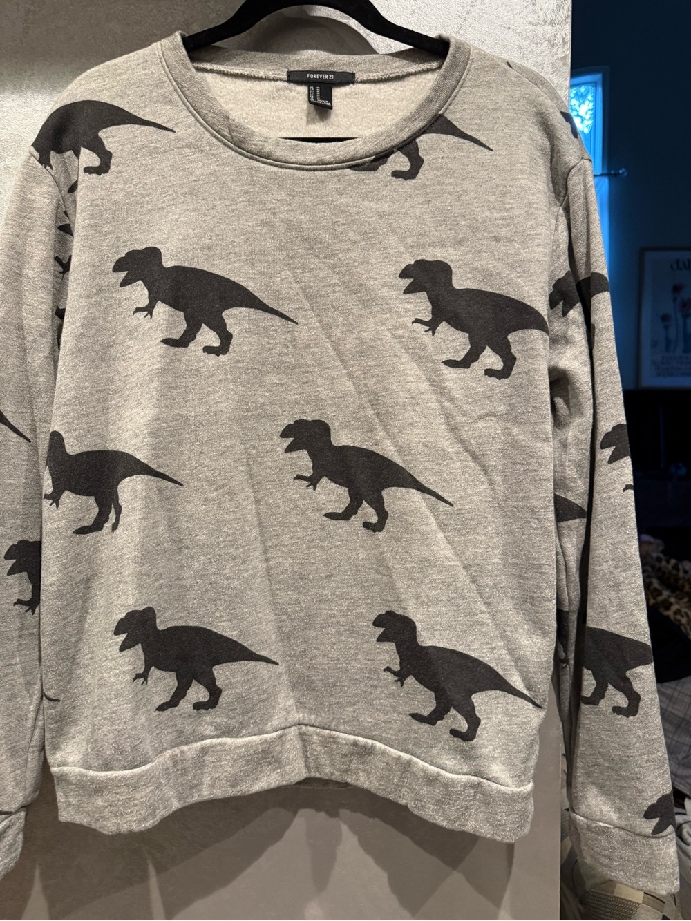Forever 21 Gray Crewneck Sweater with Black Dinosaur Print